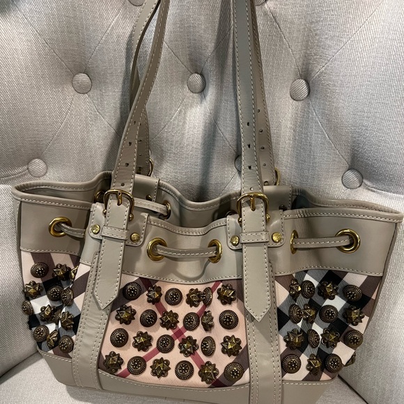 Burberry Taupe Leather Supernova Check Coated Canvas Gold Studs Bag - Picture 2 of 14